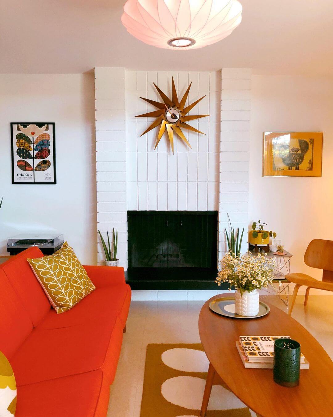 Mid Century Modern Living Room with Bright Orange Sofa