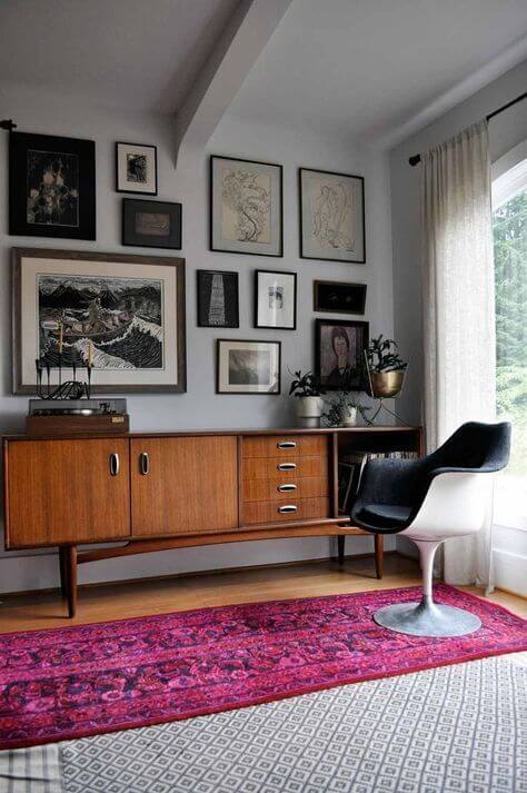 Mid Century Modern Living Room with Brown Wood Sideboard