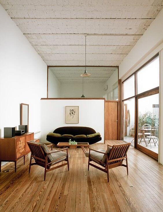 Mid Century Modern Living Room with Dark Green Velvet Sofa