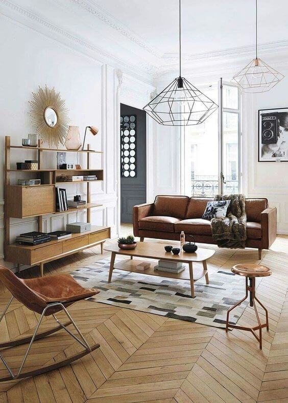 Mid Century Modern Living Room with Diamond Cage Pendant Lights