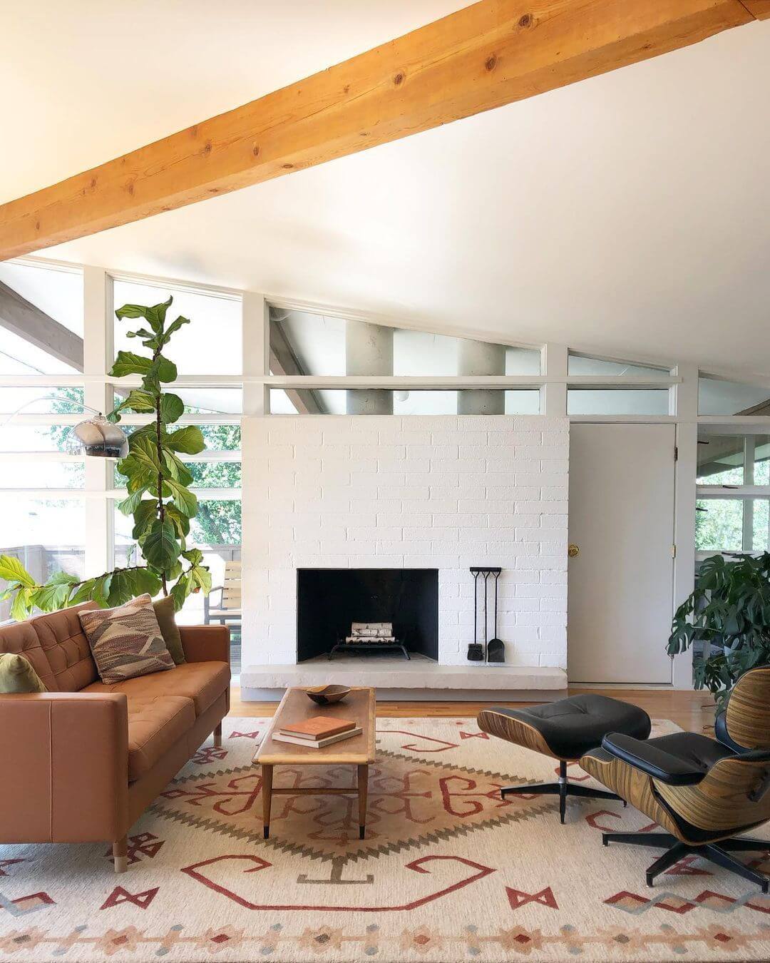 Mid Century Modern Living Room with Exposed Wood Ceiling Beam