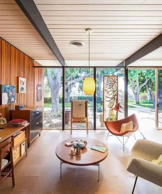Mid Century Modern Living Room with Glass Walls and Paneled Ceiling