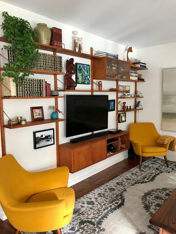 Mid Century Modern Living Room with Mustard Yellow Accent Chairs