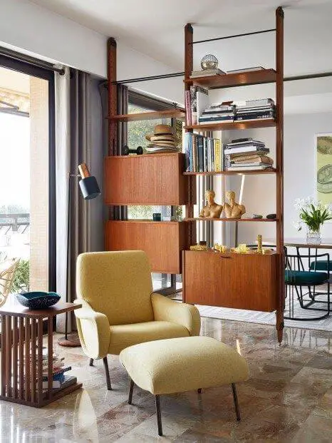 Mid Century Modern Living Room with Open Shelving Unit Room Divider