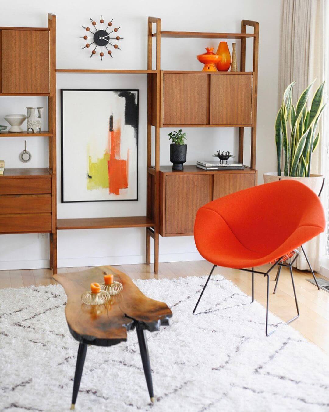 Mid Century Modern Living Room with Orange Bertoia Chair 