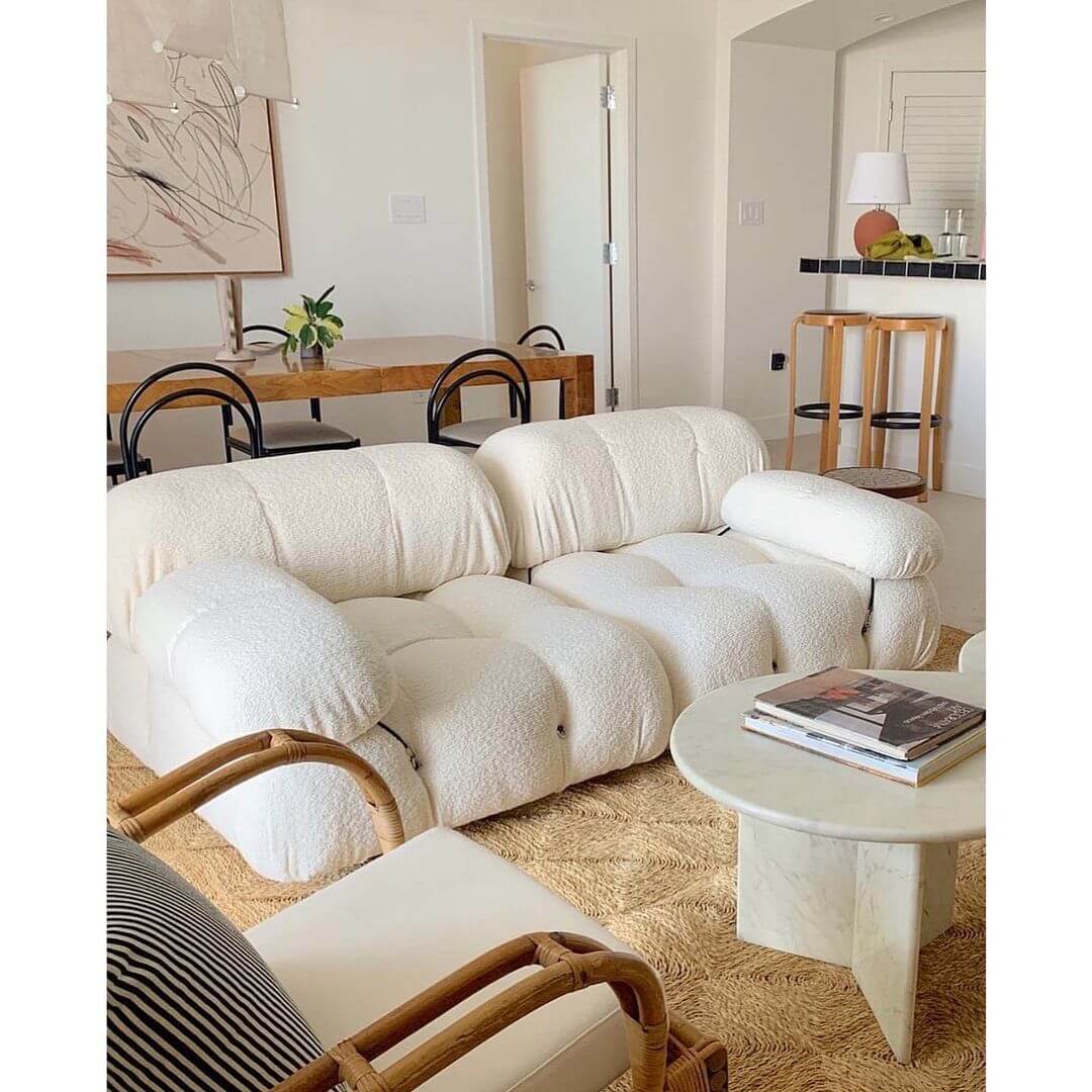 Mid Century Modern Living Room with White Tufted Sofa