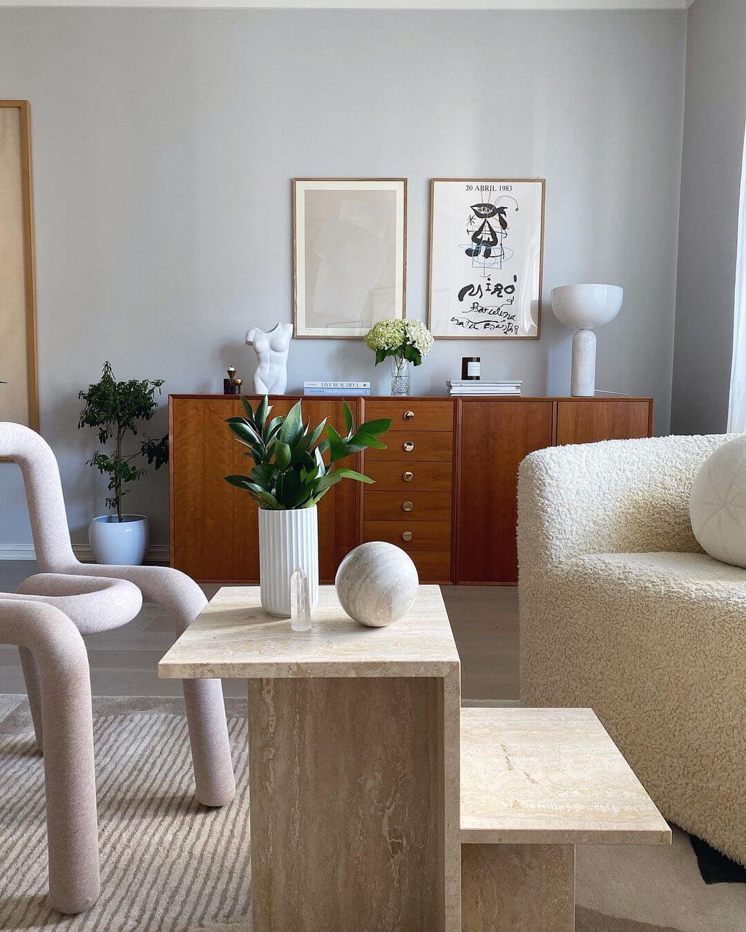 Mid Century Modern Living Room with White Wool Accent Chair