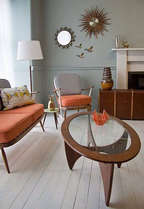 Mid Century Modern Living Room with Wood and Glass Coffee Table