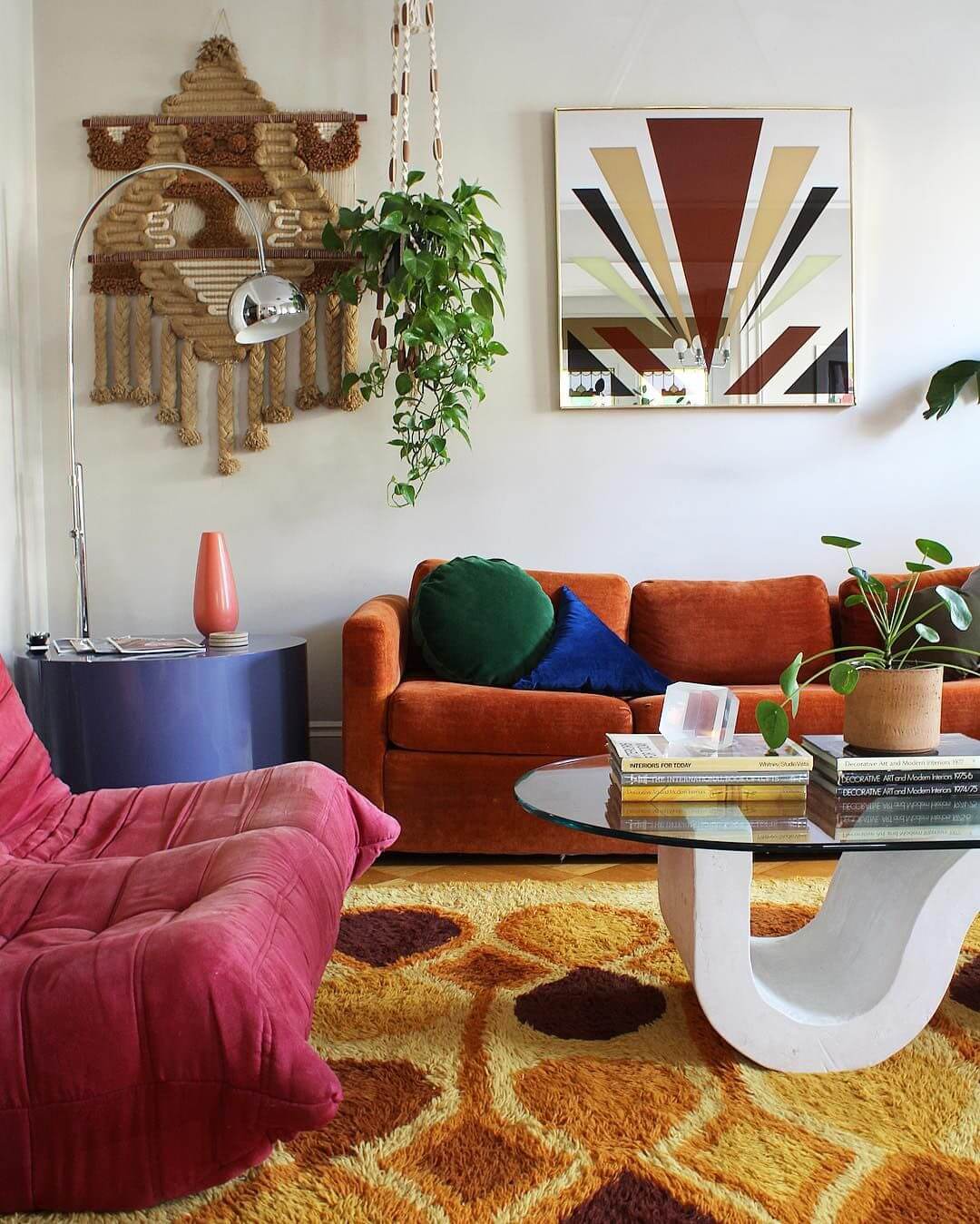 Mid Century Modern Living Room with Yellow and Orange Shag Rug