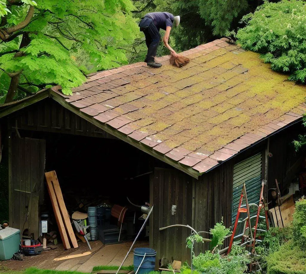 Person replacing shed roof shingle as part of maintenance tasks