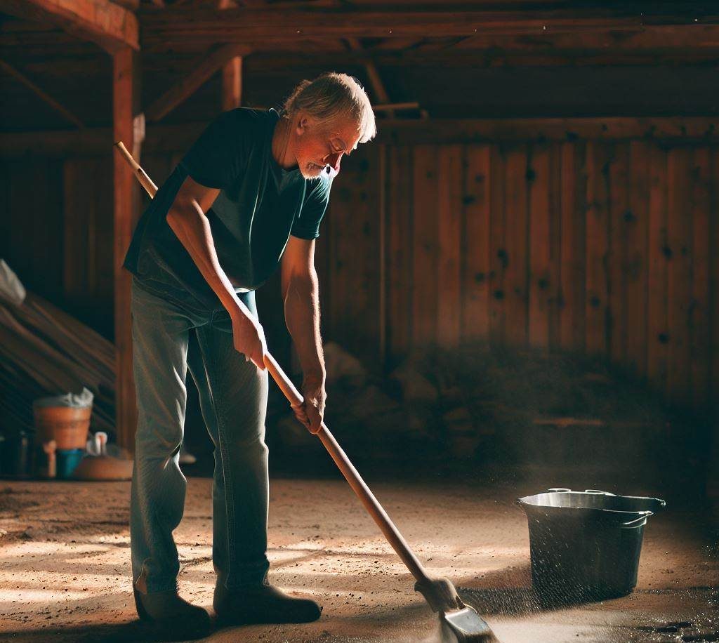 Person sweeping shed floor as part of regular cleaning