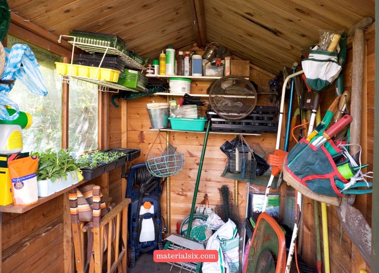 Efficient shed organization using a wall shelves for tool storage