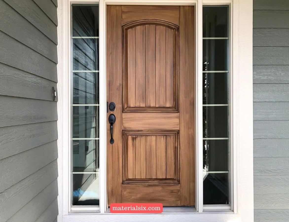 Natural-looking front door enhanced with a clear wood stain finish