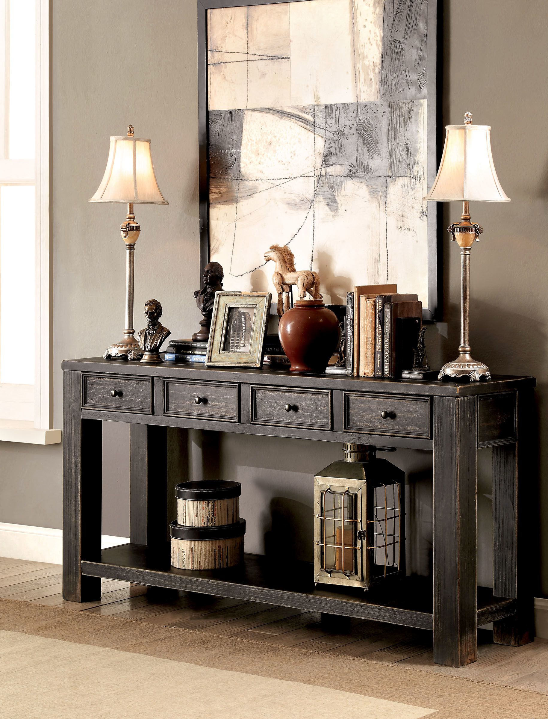 Vintage-inspired entryway table adorned with charming antique accessories