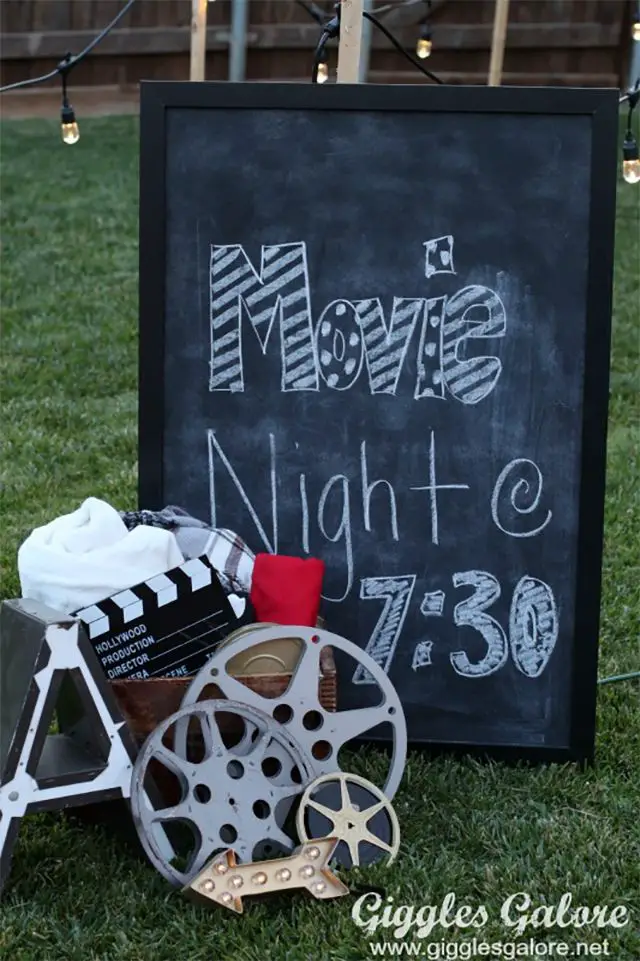A movie night sign and decorations