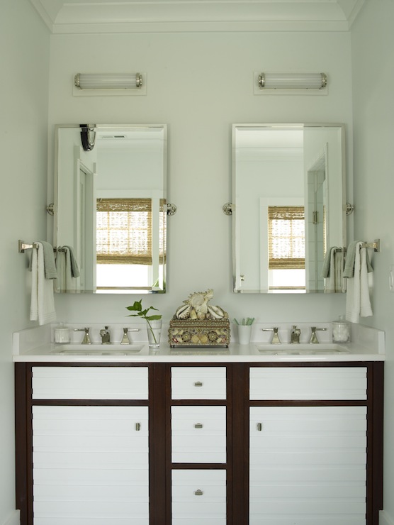 two-tone double vanity with marble countertop and seashells box