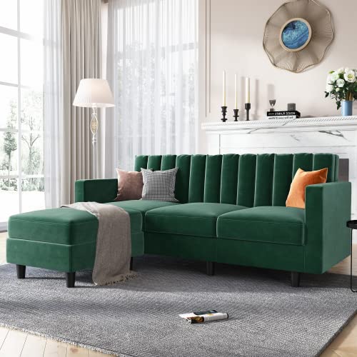 HONBAY Velvet Convertible Sectional Sofa, L Shaped Couch with Reversible Chaise for Small Apartment, Green