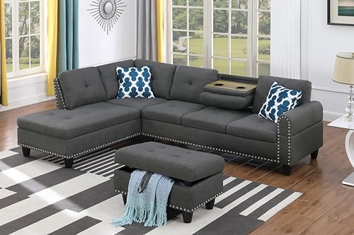 ERYE 3 Piece Modular Sectional Chaise, L-Shaped 5 Seaters Comfy Upholstered Corner Sofa & Couch W/2 Cup Holders and Storage Ottoman for Home Apartment Office Living Room Furniture Sets, Grey Right