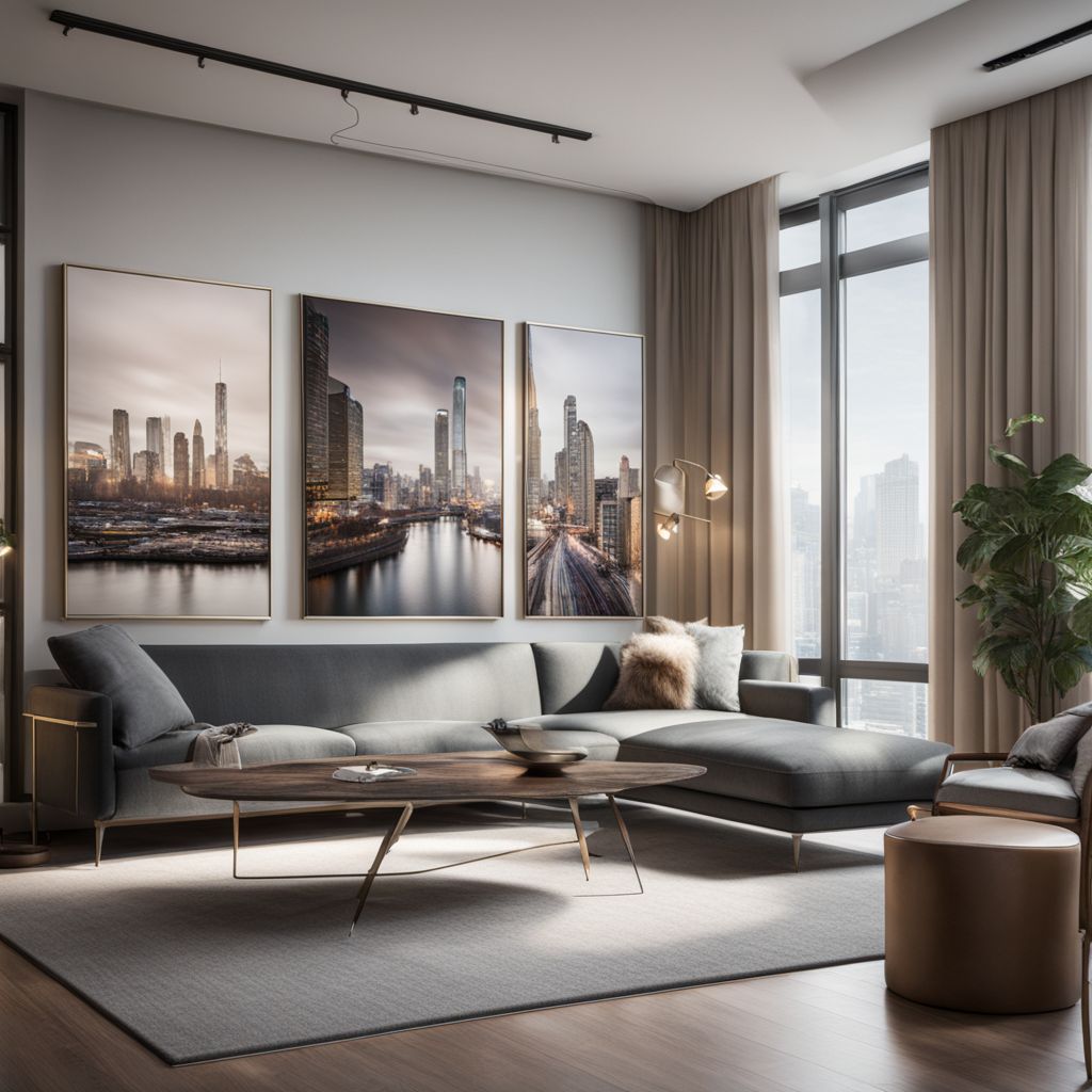 A modern living room with cityscape photography artwork on display.