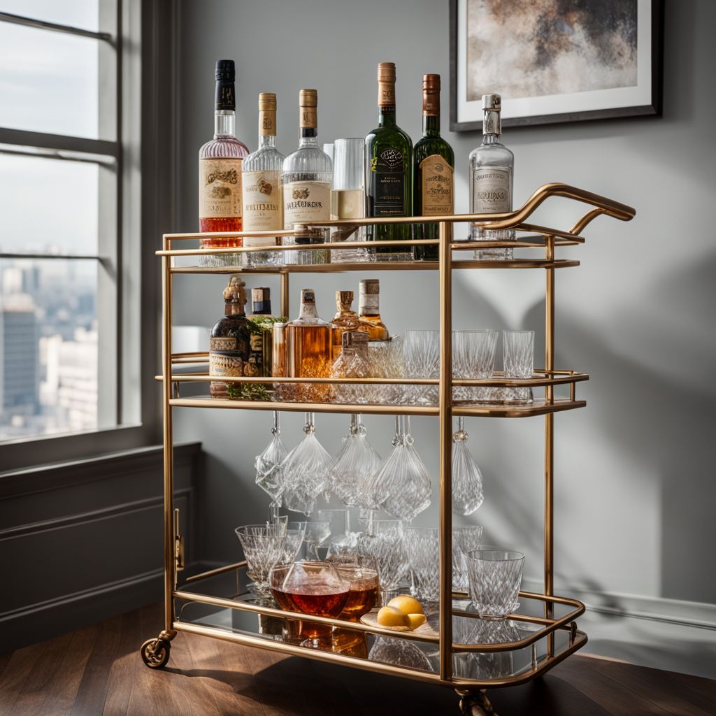 A stylish bar cart with colorful spirits and glassware.