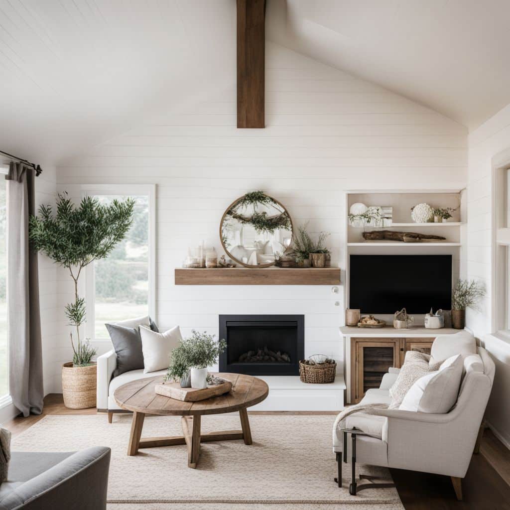 A cozy coastal modern farmhouse corner with a DIY shiplap fireplace.