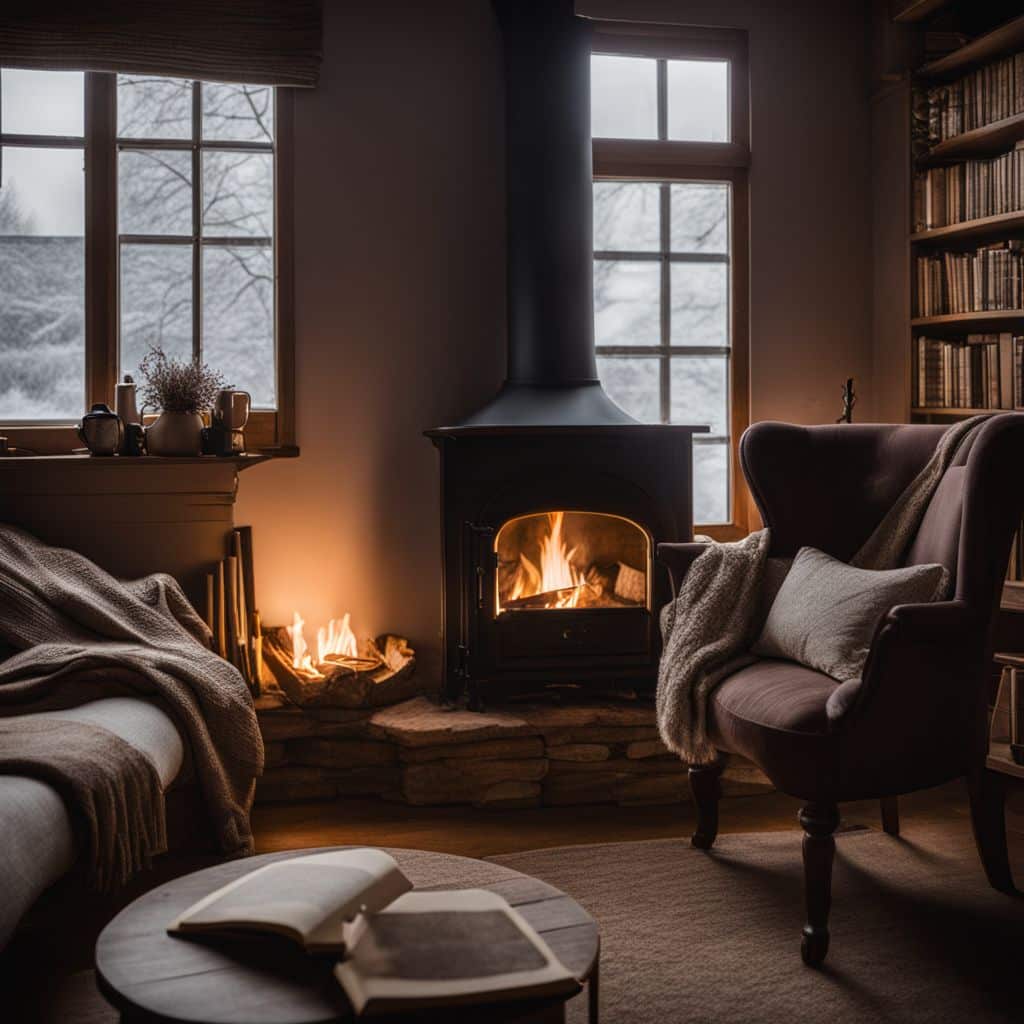 A cozy fireplace with books and a blanket, without people.