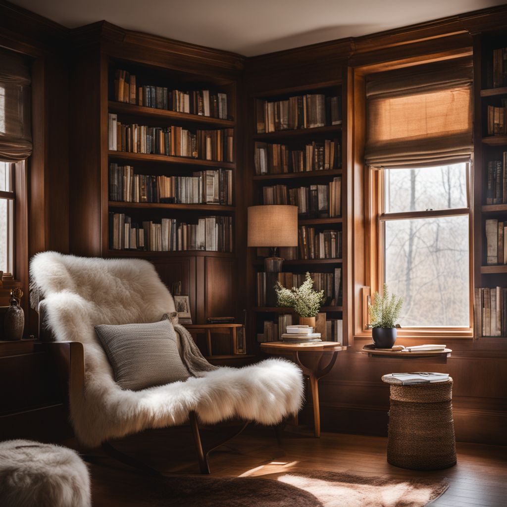 A cozy reading nook with a chair, table, and stack of books.