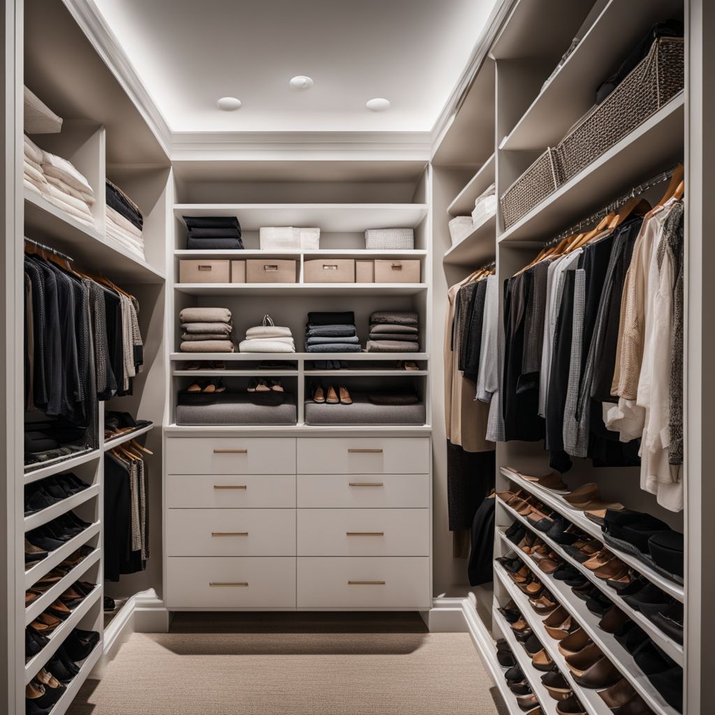 A well-organized closet with neatly folded clothes and shoes.