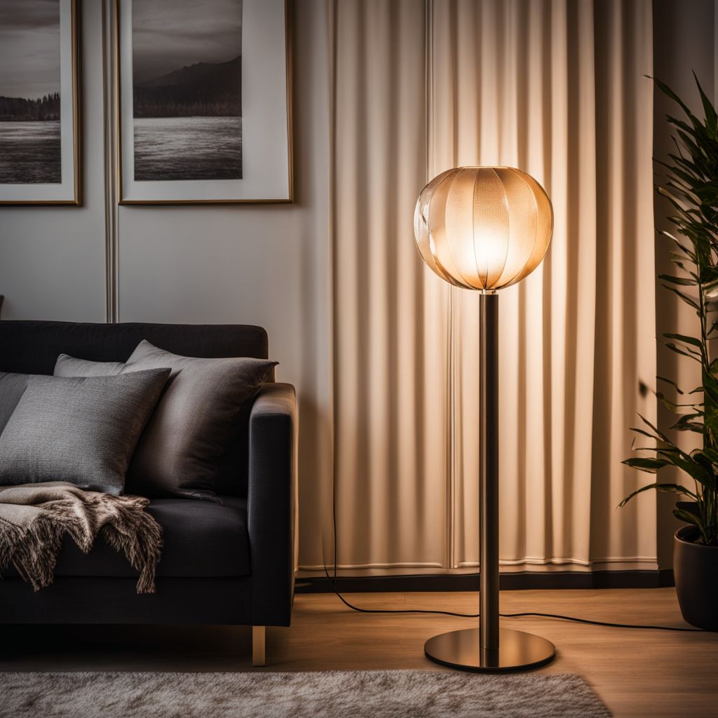 A modern floor lamp casting warm glow in a cozy living room corner.