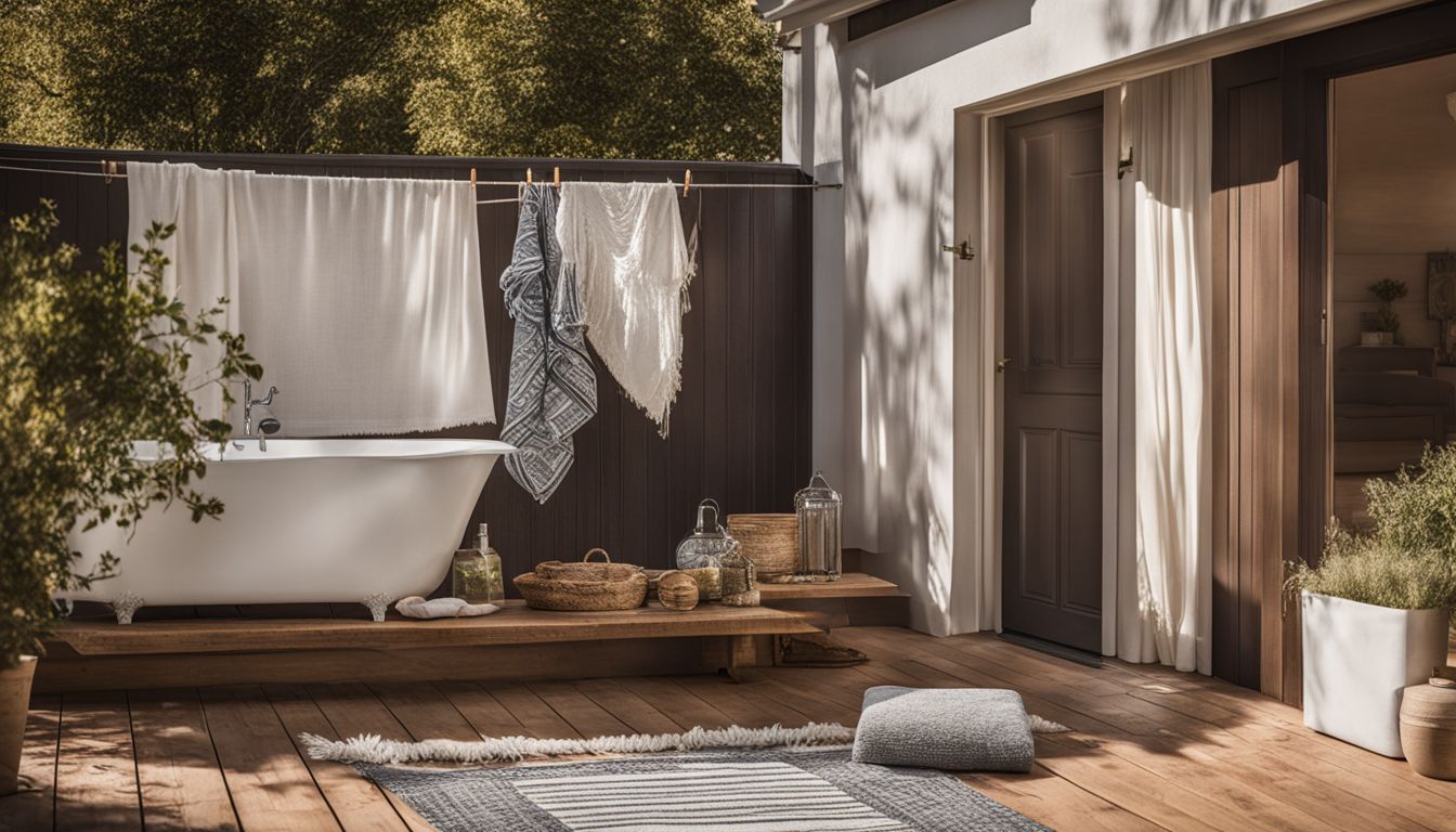 A clean bathroom rug hanging on a clothesline in a sunny backyard.