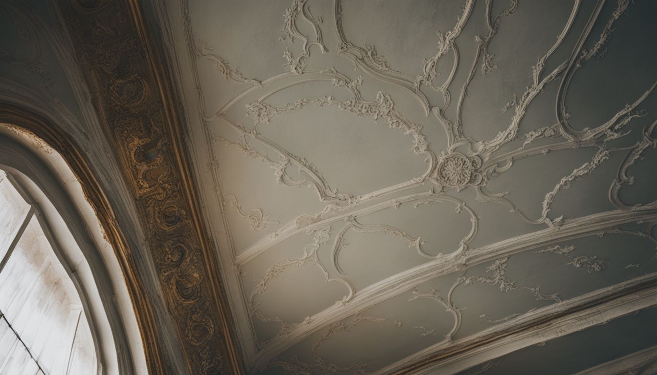 A close-up photo of a textured ceiling with peeling paint.