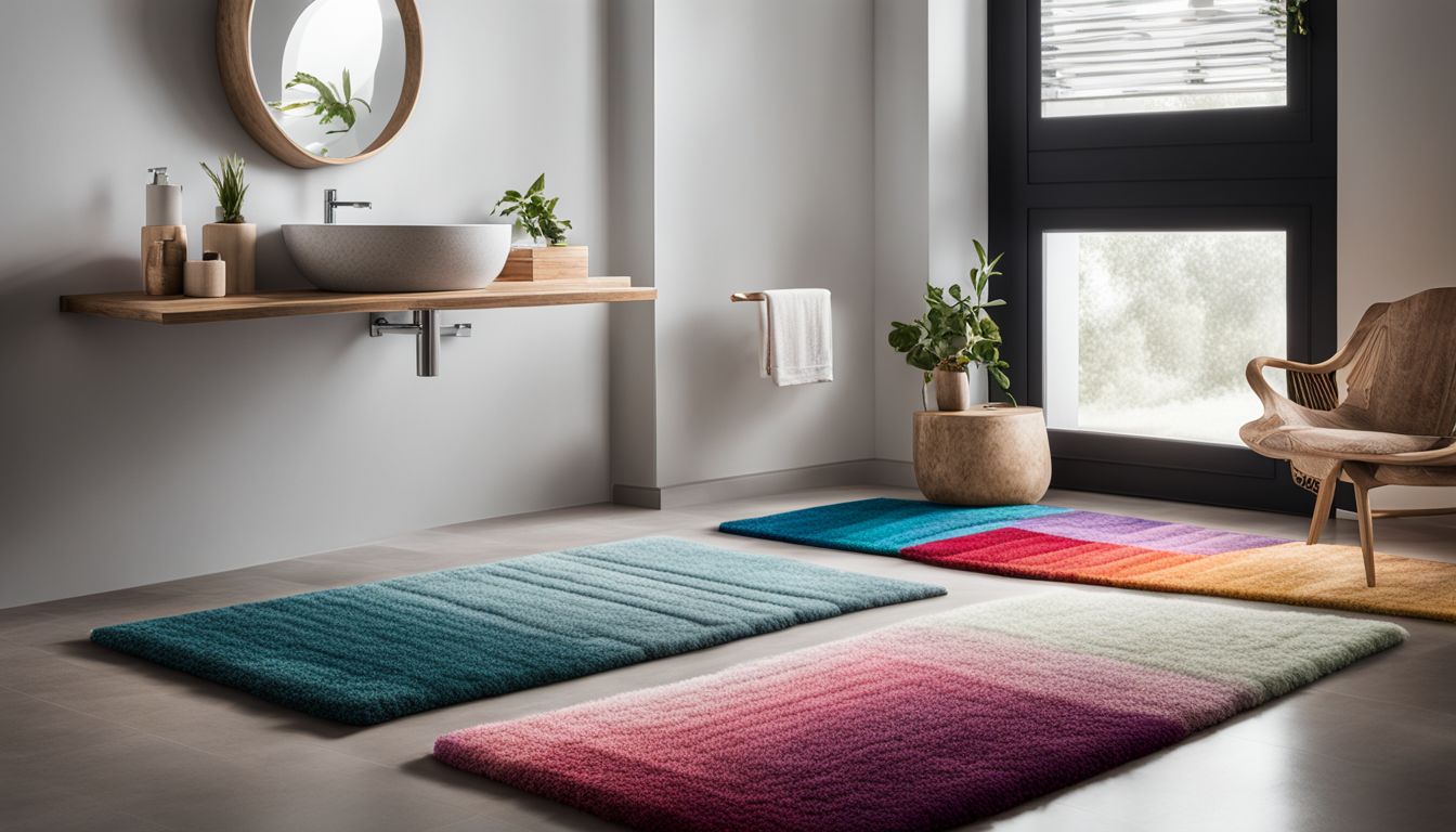 A photo of colorful bathroom rugs and mats arranged in a minimalist bathroom.