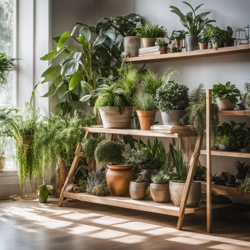 An arrangement of indoor plants with varying heights and levels.