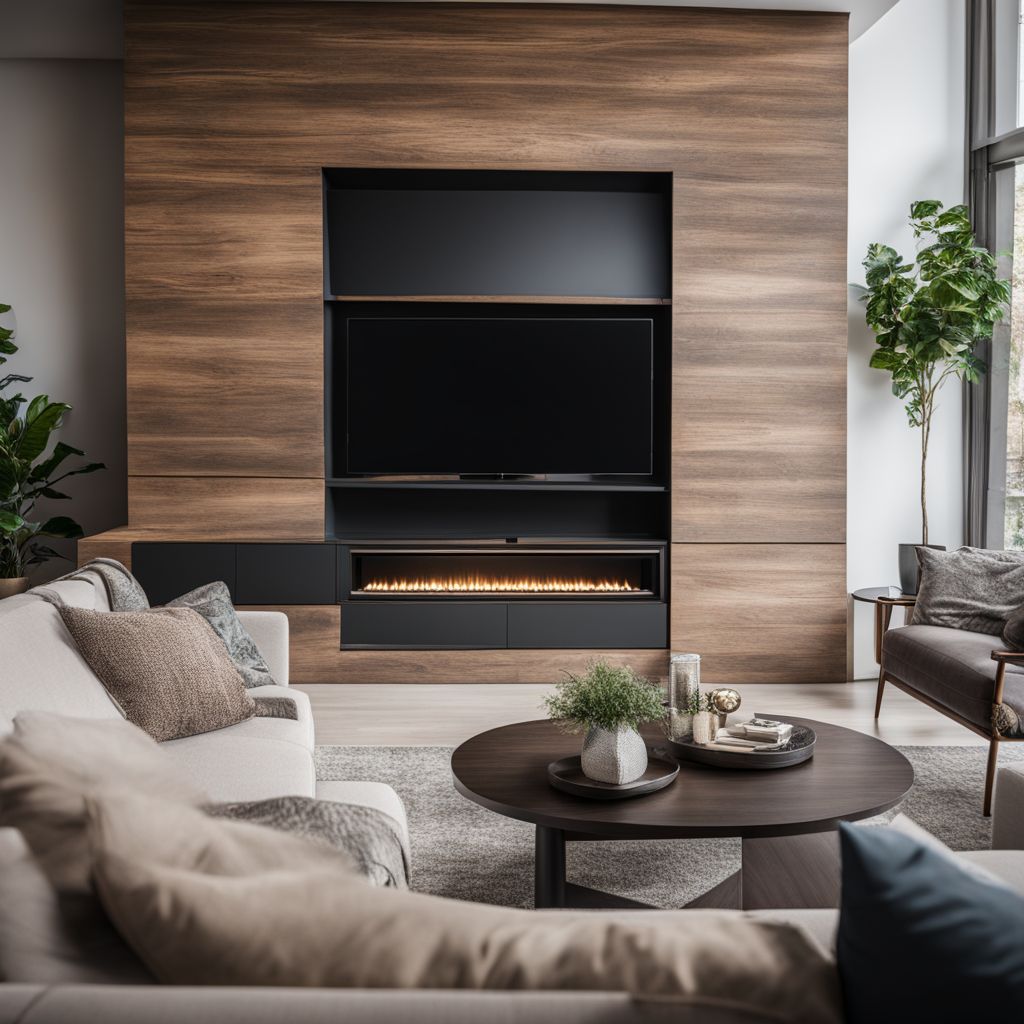 A TV mounted above a modern fireplace in a spacious living room.