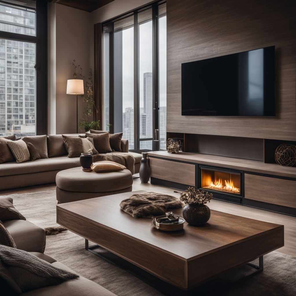 A long narrow living room with a fireplace and a TV as a centralized focal point.