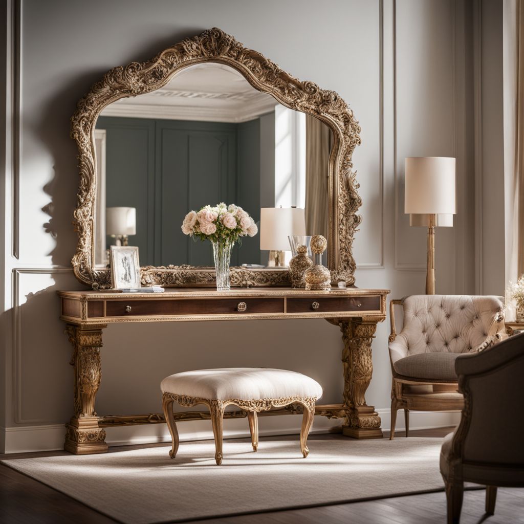 A corner in a room with a large ornate mirror reflecting a cozy living space.
