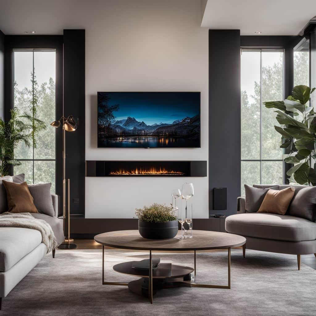 A TV mounted on a wall next to a fireplace in a stylish living room.