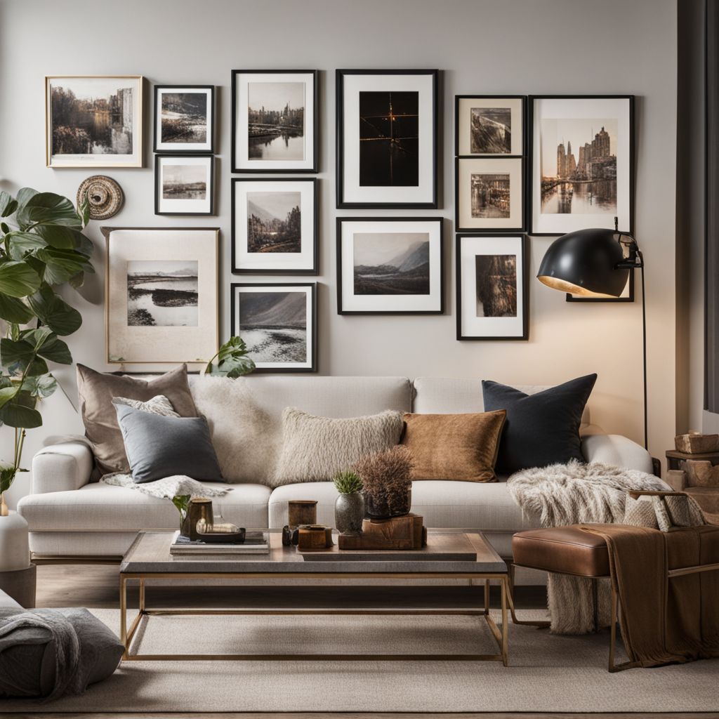 A gallery of framed artwork and decorative items in a cozy living room corner.