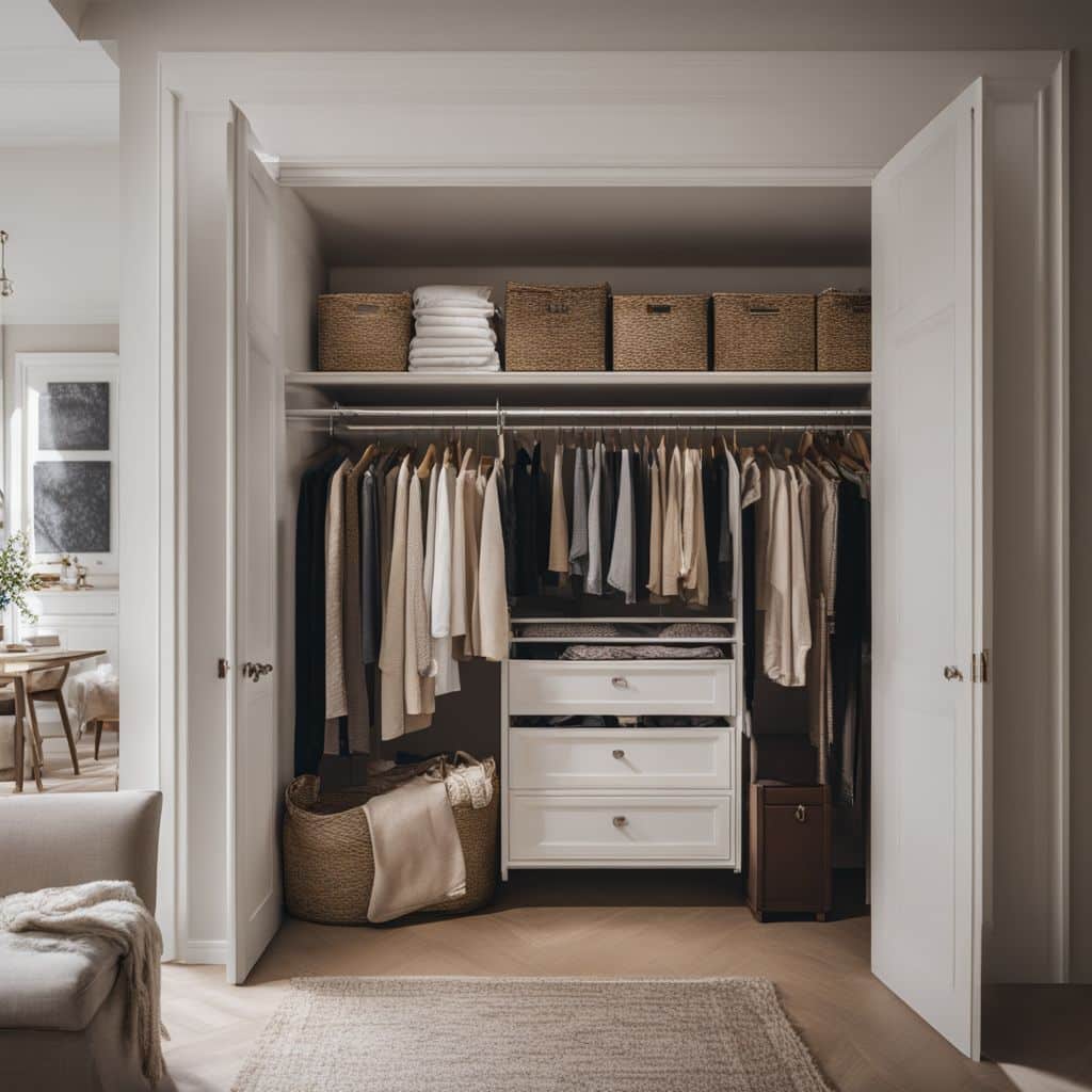 A well-organized closet with shelves and hanging rods full of clothes.