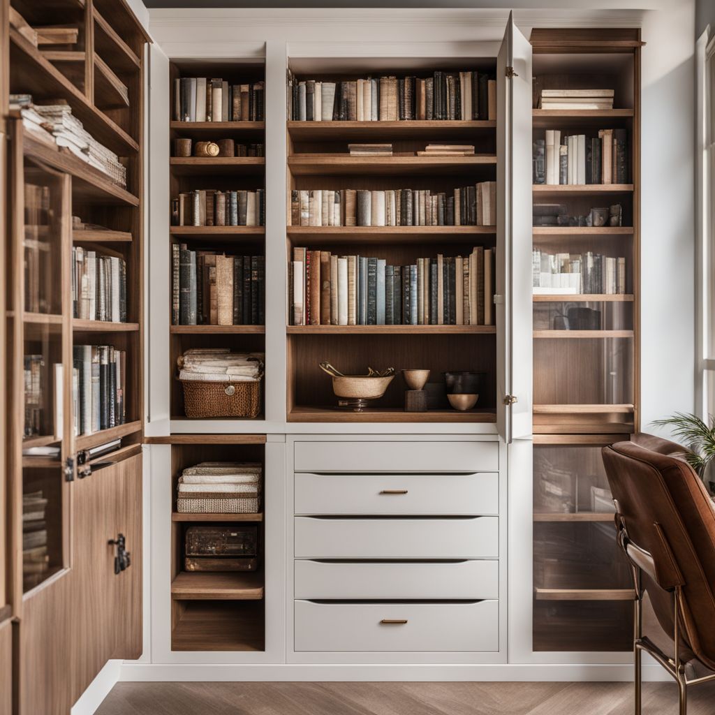 A stylish storage cabinet filled with neatly organized books and decorative items.
