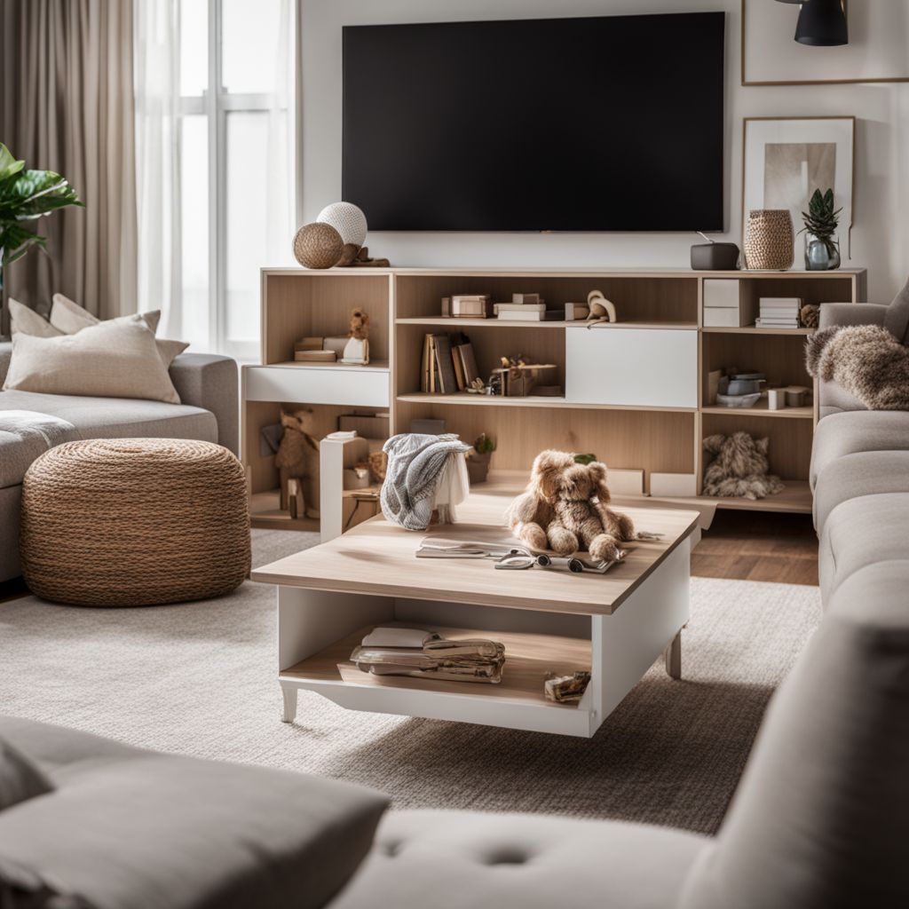 A modern living room with stylish hidden storage for toys.