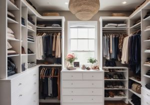 A neatly organized, spacious bedroom closet filled with clothing and accessories. - Bedroom Closet Dimensions