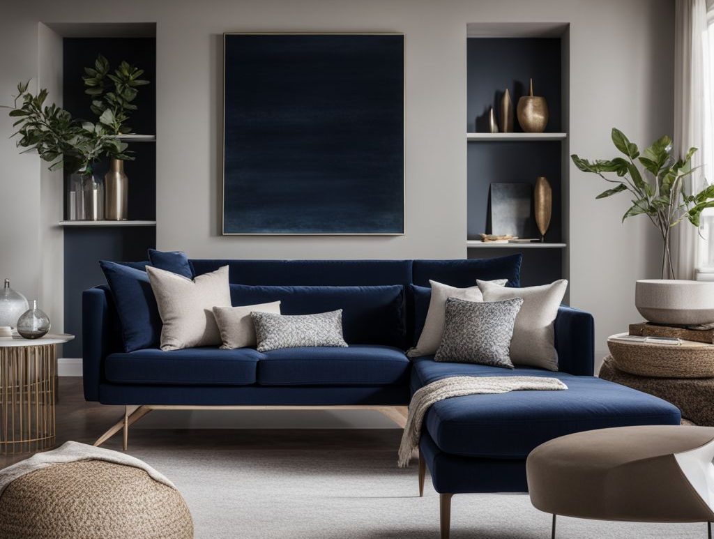 how to decorate a living room with a navy blue couch