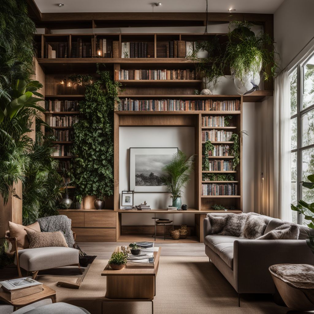 A tall bookcase with hanging plants and various nature and photography elements.