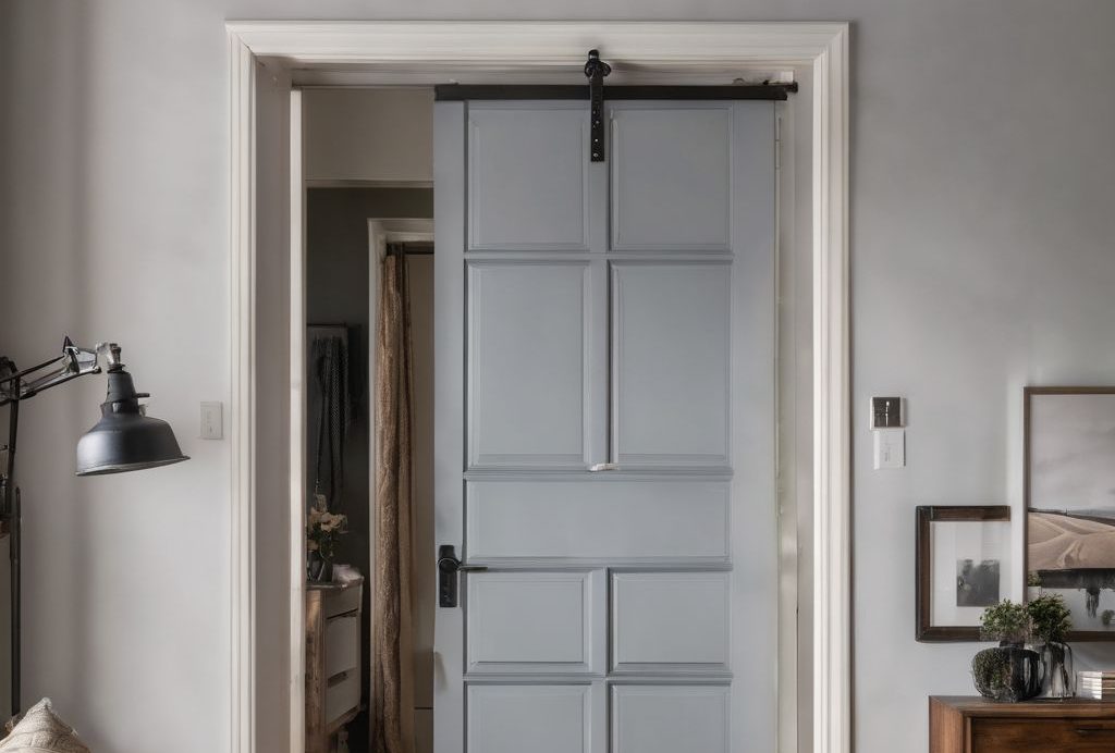 A standard bedroom door with measuring tape and tools.