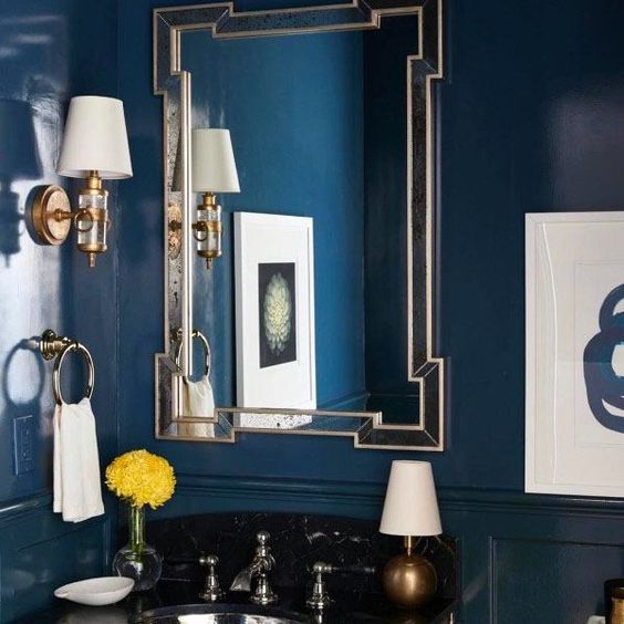 incorporate lighting - navy blue bathroom