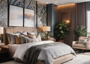 A cozy bedroom with a geometric accent wall and cityscape photography.