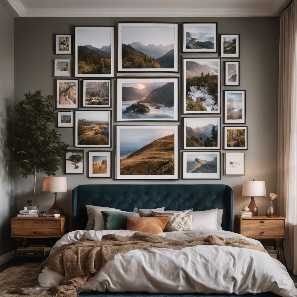 A gallery wall of diverse artwork and photographs in a cozy bedroom.
