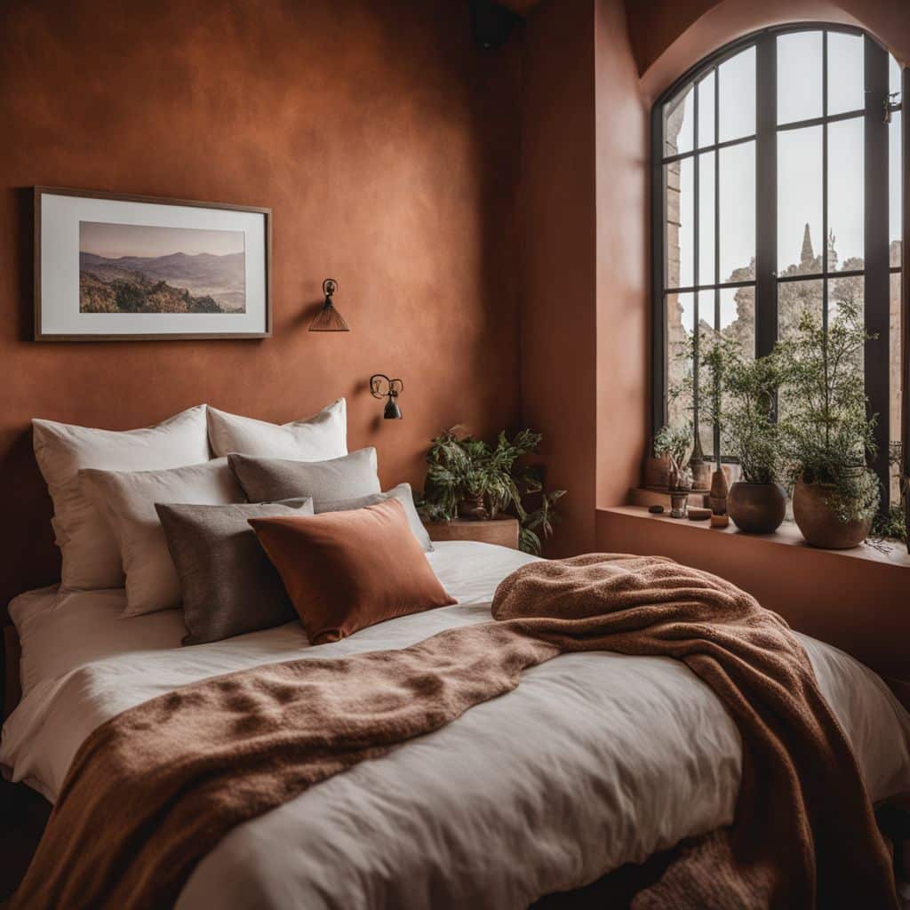 A cozy bedroom with a terracotta Italian stucco accent wall.