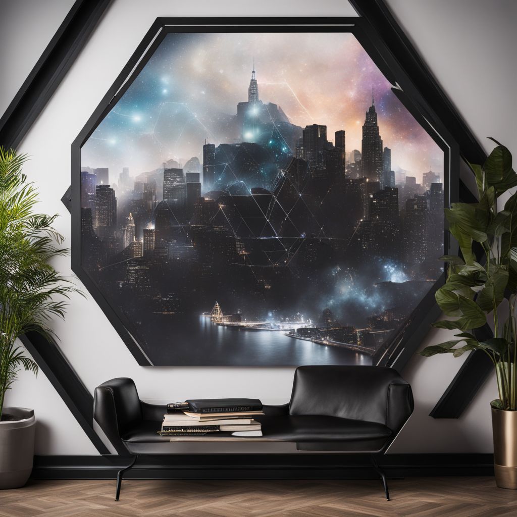 A hexagonal accent wall with cosmic-themed chalkboard art and cityscape photography.
